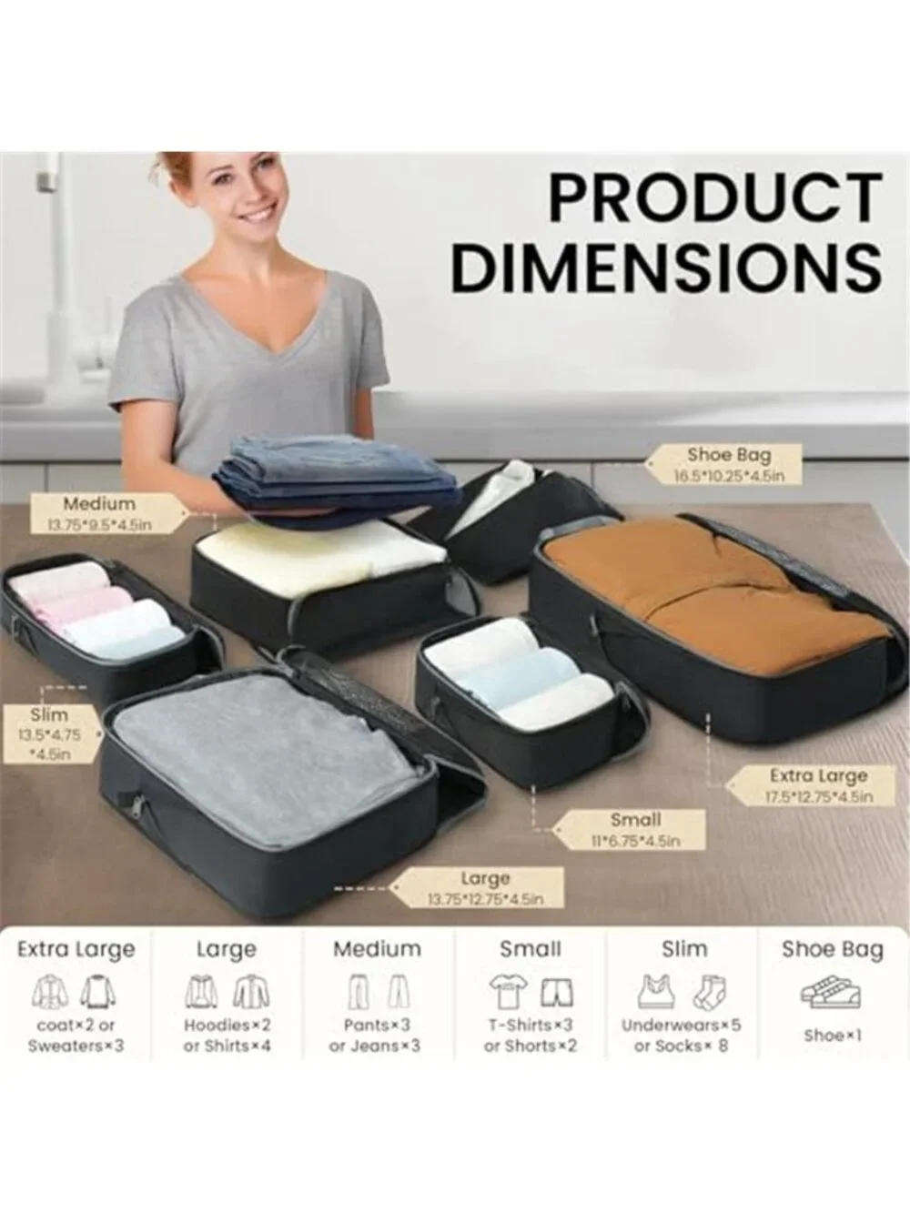 Compression Packing Cubes 6 Pcs Travel Luggage Organizer Space Saver Bags Black
